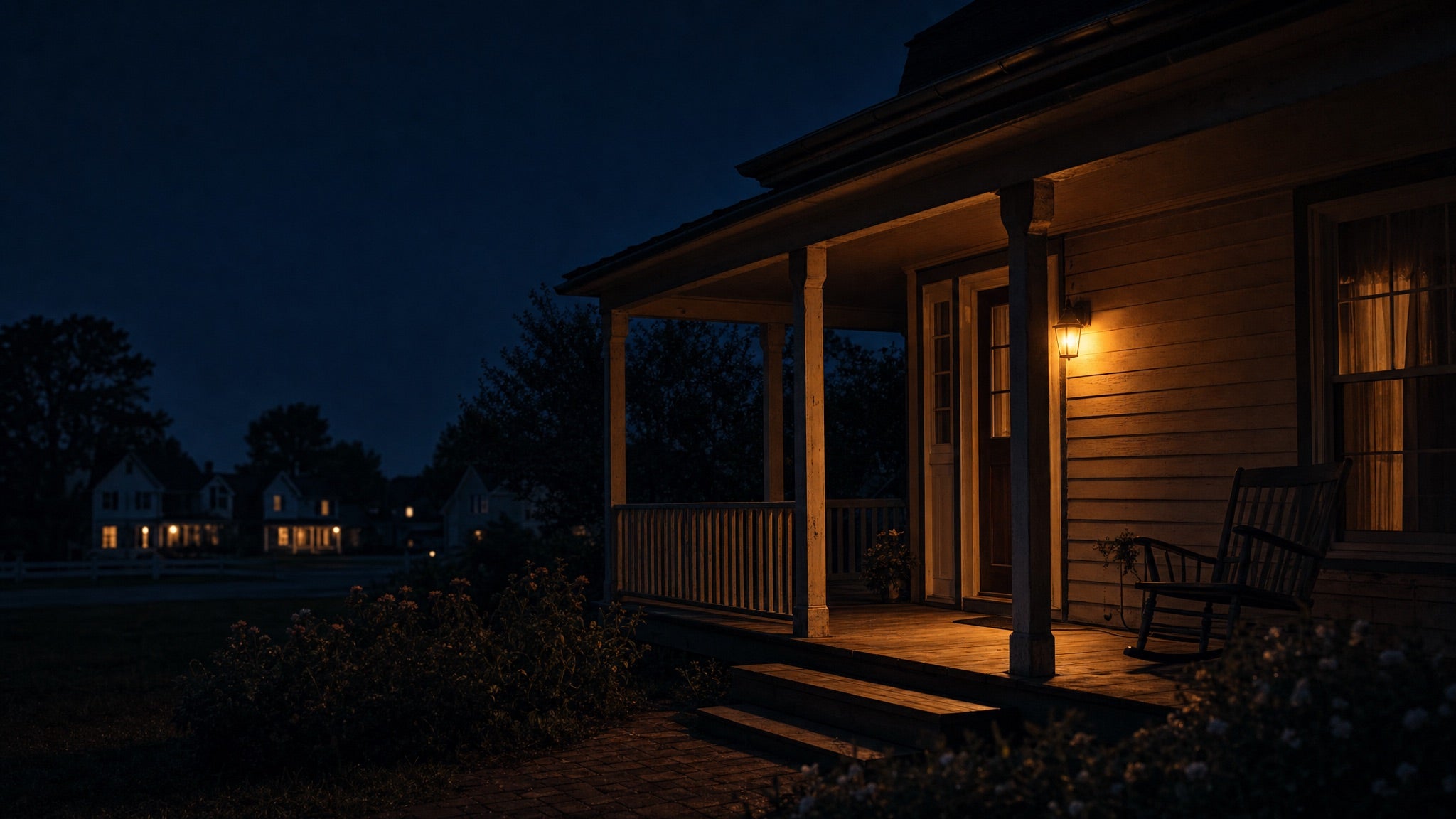 A front porch at dusk with one warm porch light on beside the door