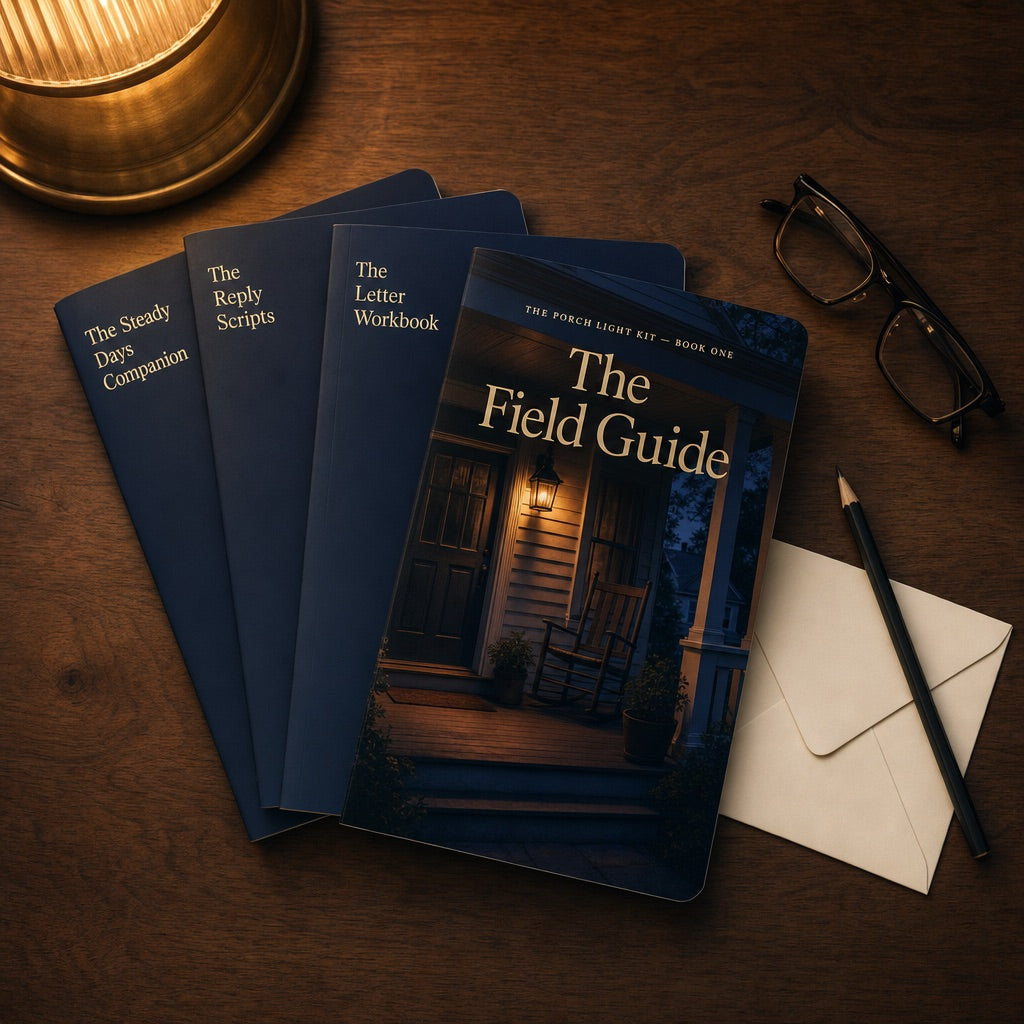 The four printed books of The Porch Light Kit fanned on a table in lamplight