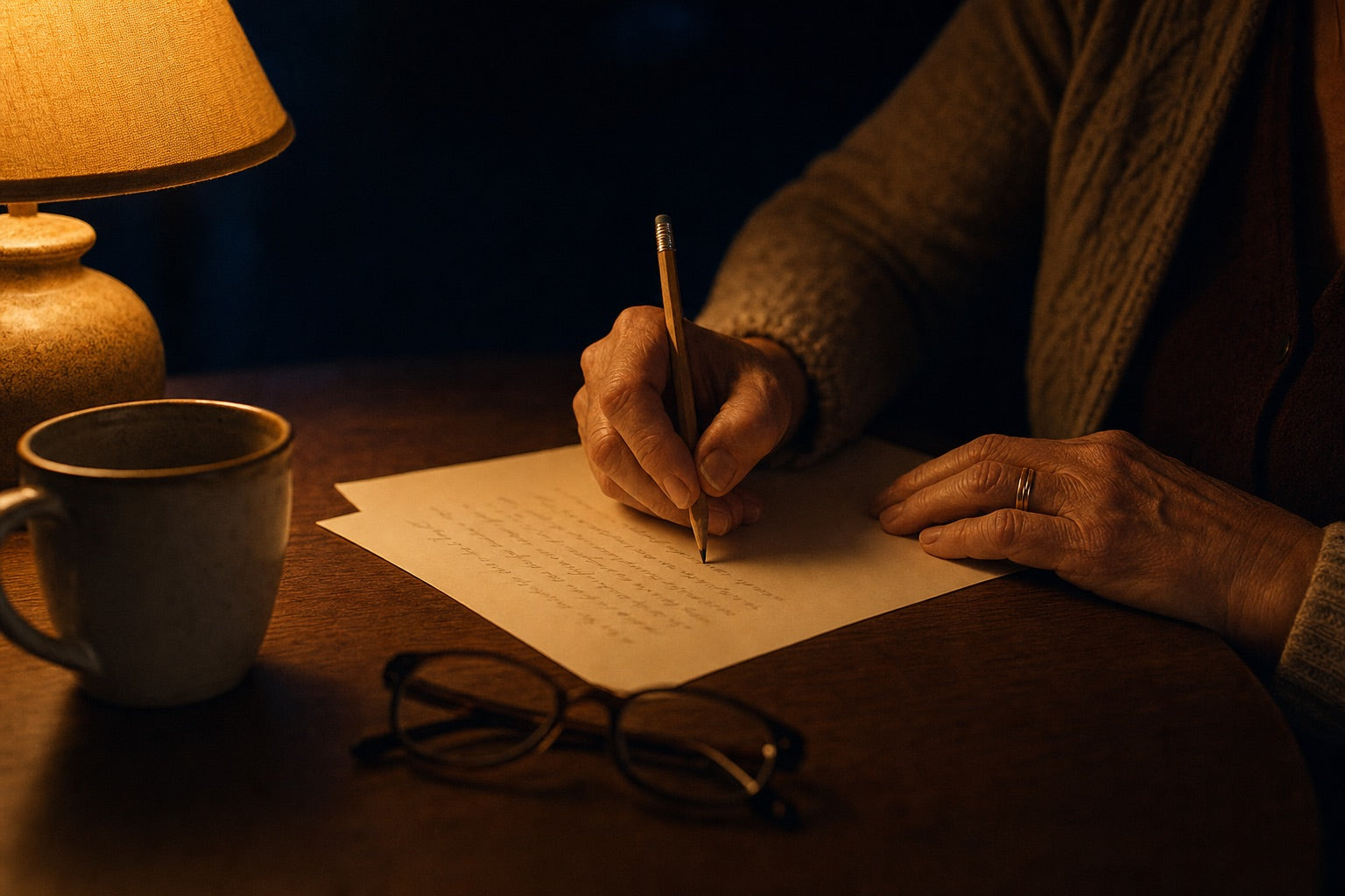 Hands writing a letter in pencil at a lamplit kitchen table