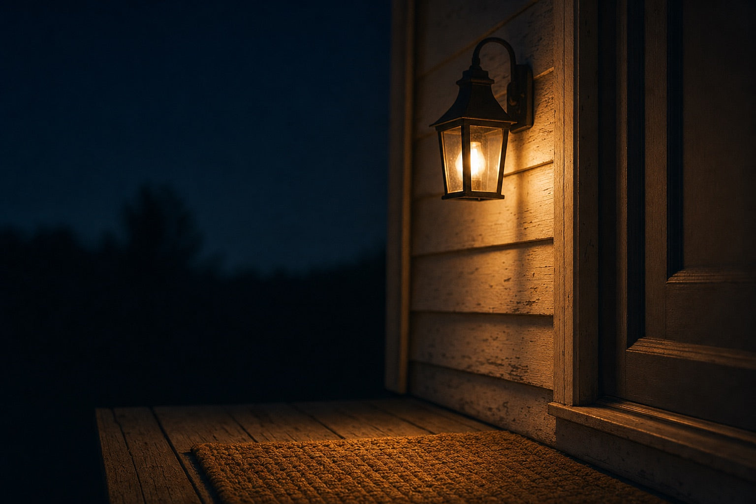 A lit porch lantern glowing beside a front door at night